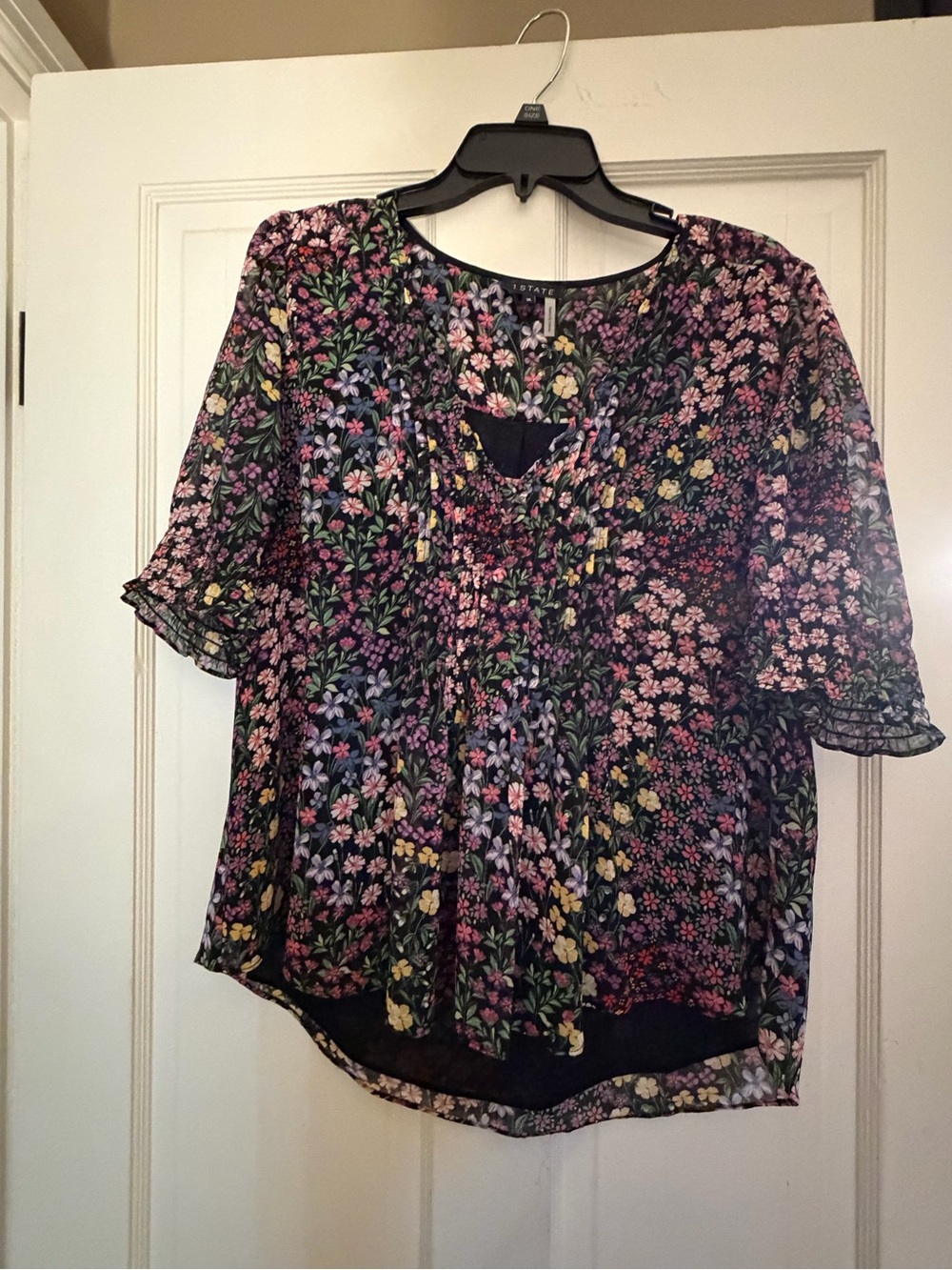 1. State Floral Sheer Blouse in Black with Pink & Yellow Floral Print